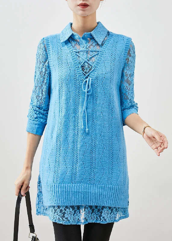 Art Sky Blue Lace Up Knit Vest Dress Two Piece Set Women Clothing Spring Lace Detail Gown