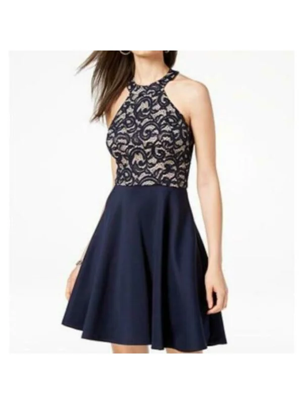 B DARLIN Womens Navy Lace Glitter Strappy Open Back Sleeveless Halter Short Party Fit + Flare Dress Lace Dress Vibe