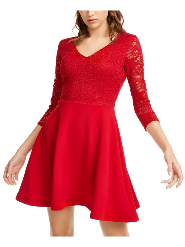 B DARLIN Womens Red Lace 3/4 Sleeve V Neck Short Party Blouson Dress Sheer Lace Dress