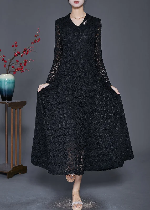 Black Silm Fit Lace A Line Dresses Hollow Out Spring Casual Lace Dress