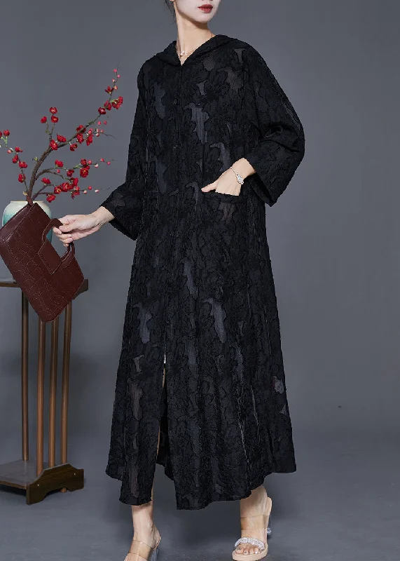 Casual Black Hooded Jacquard Lace Robe Dresses Spring Lace Dress Formal