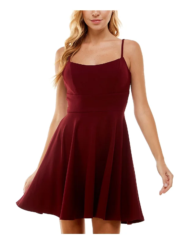 CITY STUDIO Womens Maroon Zippered Adjustable Lace Back Bust Padding Spaghetti Strap Round Neck Short Party Fit + Flare Dress Lace Dress Glamour