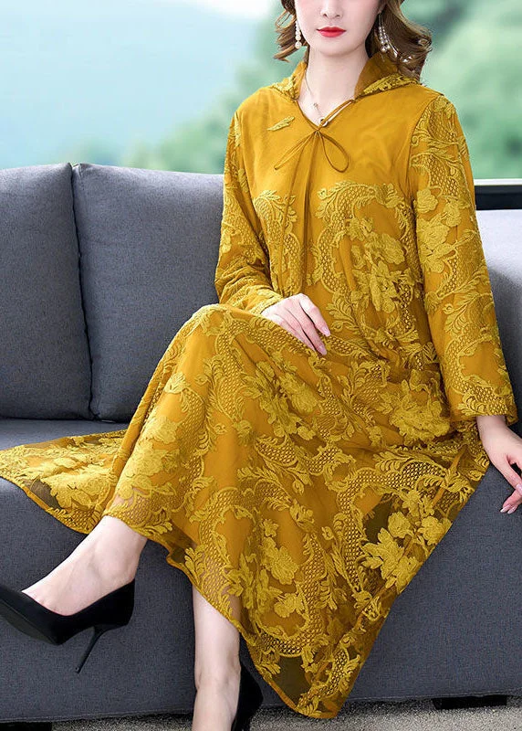 Diy Yellow Hooded Embroidered Lace Up Silk A Line Dresses Spring Lace Dress for Weddings