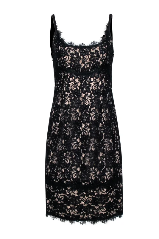 Diane von Furstenberg - Black Lace w/ Beige Lining Sleeves Dress Sz 10 Lace Dress Chic