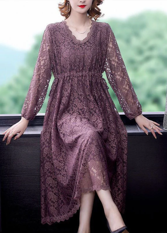 Fashion Purple V Neck Cinched Lace Holiday Dress Spring Soft Lace Dress