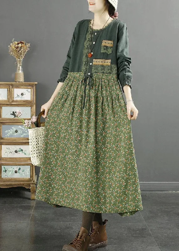 Handmade Green O Neck Lace Print Patchwork Cotton Dresses Spring Lace Dress Sleek