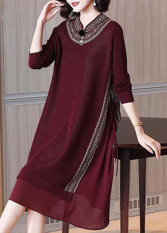 Italian Wine Red Lace Up Chiffon Patchwork Knit Dress Spring Lace Wedding Dress