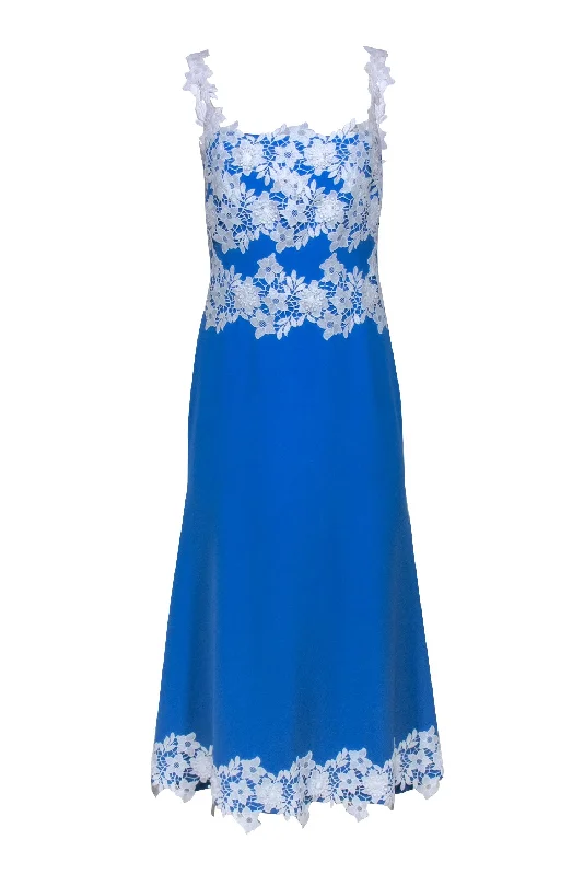 Lela Rose - Blue Sleeveless Dress w/ White Lace Appliques Sz 6 Long Sleeve Lace Dress