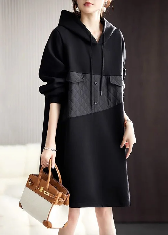 Loose Black Hooded Lace Up Patchwork Cotton Mid Dress Spring Elegant Lace Gown