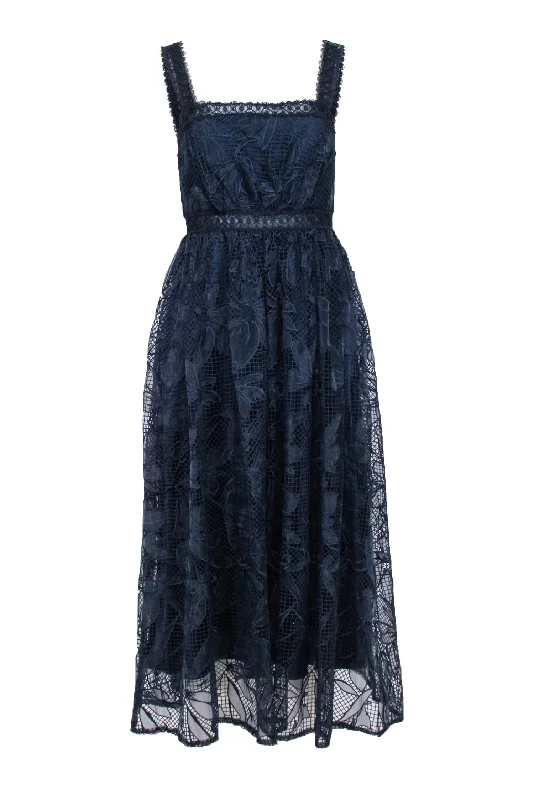 Monique Lhuillier - Navy Lace Sleeveless Formal Dress Sz 4 Lace Dress Modern