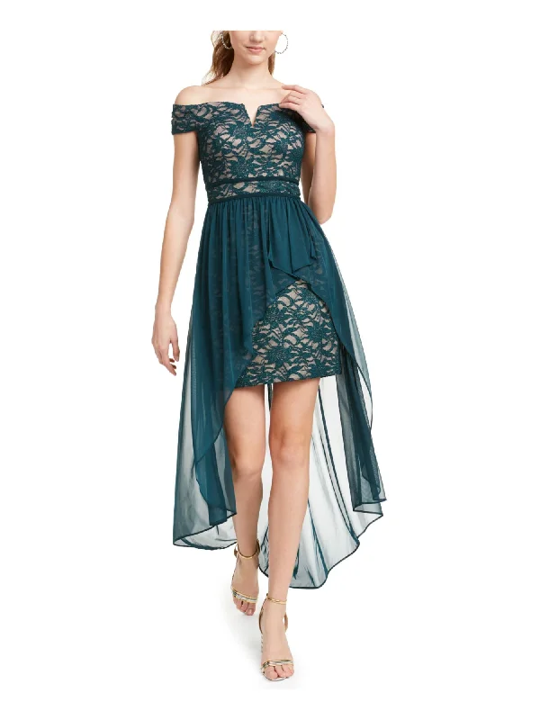 MORGAN & CO Womens Green Lace Embellished Floral Off Shoulder Full-Length Formal Hi-Lo Dress Lace Shift Dress