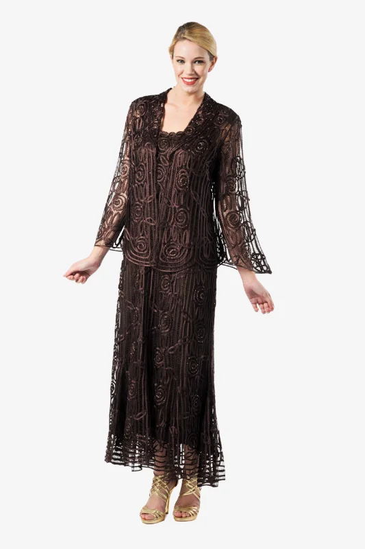 Soulmates C1068 Beaded Silk Lace Evening Jacket with Godet Dress Set Lace Dress Flare