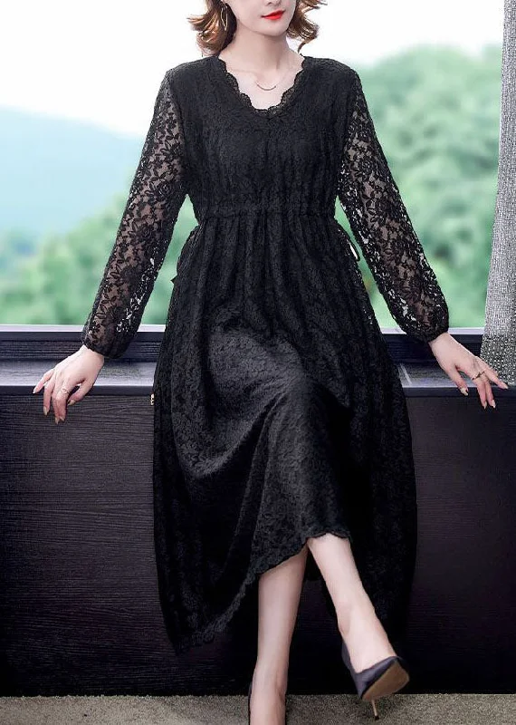 Style Black Elastic Waist Hollow Out Lace Dresses Spring Lace High Neck Dress