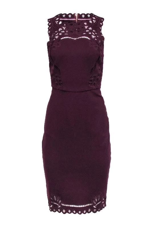 Ted Baker - Maroon Sleeveless Lace Trim Dress Sz 6 Lace Dress Classic