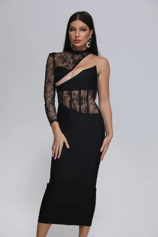 Women Clothing Spring Summer Sexy Elegant One Shoulder Lace Stitching Nightclub Bandage One Piece Dress Women Ruffled Lace Gown