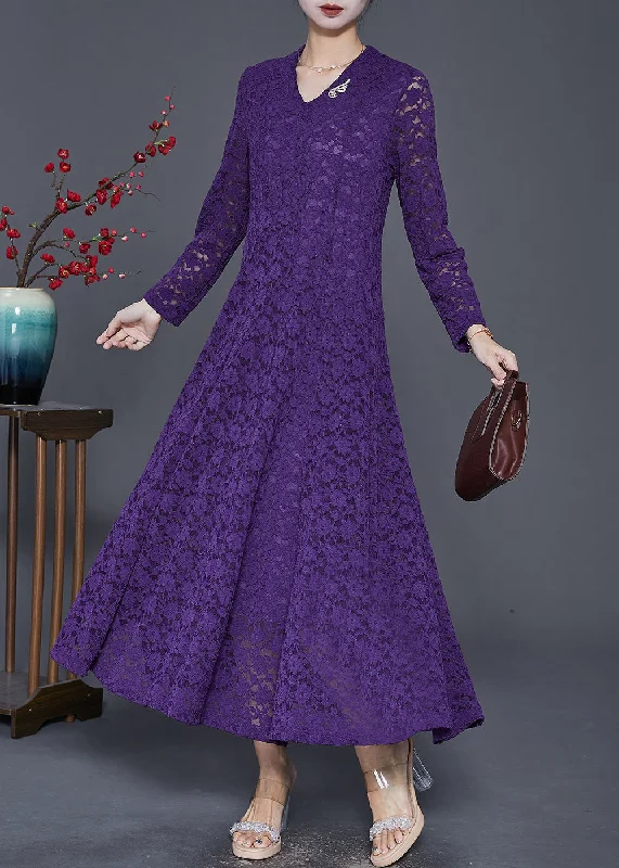 Women Purple Exra Large Hem Lace Robe Dresses Spring Lace Fit-and-Flare