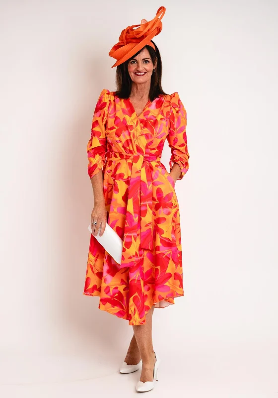 Coco Doll Ruched Sleeve Maxi Wrap Print Dress, Orange Layered Maxi Skirt