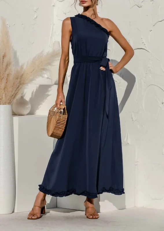 Date Night One Shoulder Maxi Dress In Navy Denim Maxi Skirt