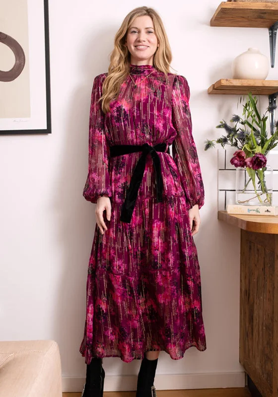 Hope & Ivy Beatrice High Neck Belted Maxi Dress, Pink Layered Maxi Skirt