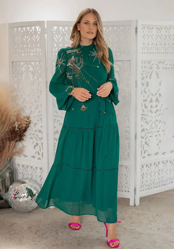 Hope & Ivy Nala Tie Waist Embellished Maxi Dress, Green Comfortable Maxi Skirt