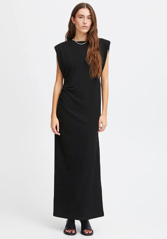 Ichi Katine Shoulder Pad Ruched Long Dress, Black Denim Maxi Skirt