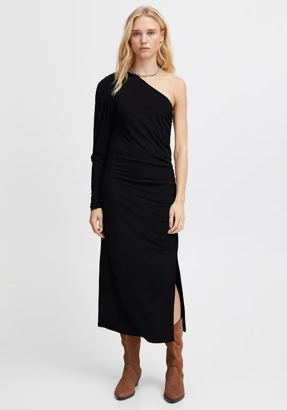 Ichi Zenty One Sleeve Side Slit Maxi Dress, Black Casual Maxi Skirt