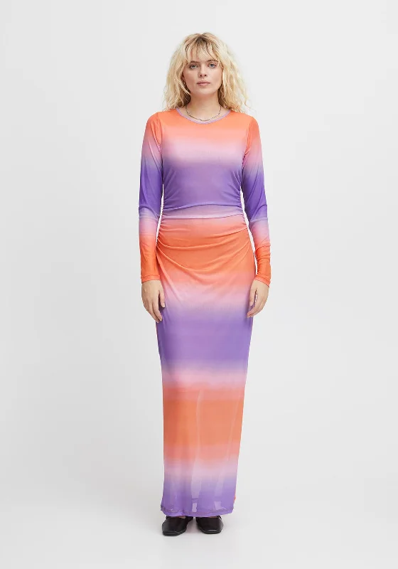 Ichi Ista Multi Fading Super Maxi Dress, Purple & Orange Front Slit Skirt