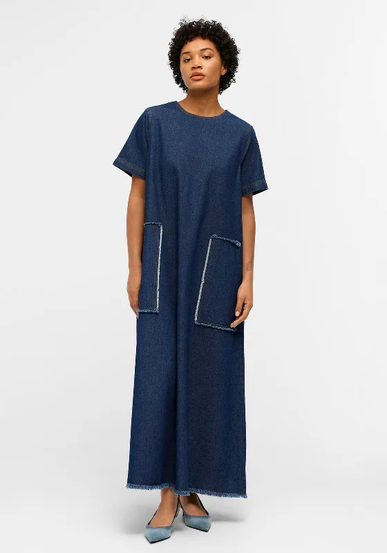 Object Harlow Denim Maxi Dress, Dark Blue Denim Button-down Maxi Skirt