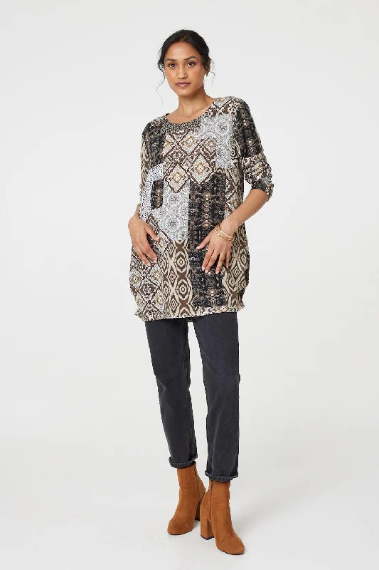 Patchwork Print Long Sleeve Scoop Neck Tunic Boho Maxi Skirt