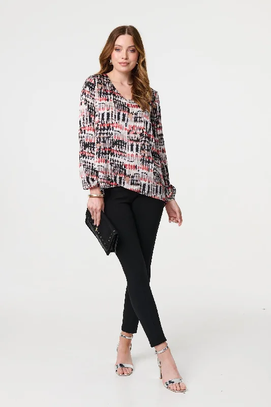 Printed Long Sleeve V-Neck Tunic Blouse Stretch Maxi Skirt