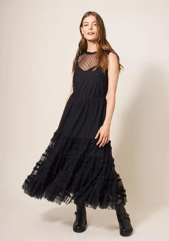 White Stuff Hiral Flock Spot Tulle Maxi Dress, Black V-neck Maxi Skirt