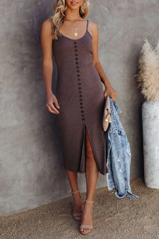 Brown Buttoned Ribbed Knit Sleeveless Midi Dress with Slit Soft Wool Midi