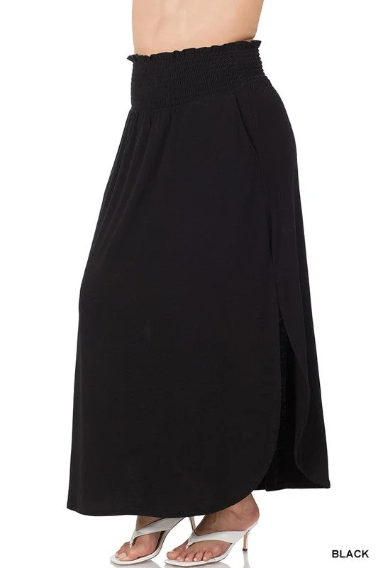 PLUS SMOCKED WAIST SIDE SLIT MAXI SKIRT Elegant Satin Skirt