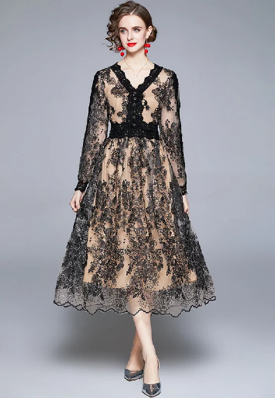 Lace lace V-neck long sleeved slim fitting mesh sequin embroidered long dress Glamorous Sequin Dress