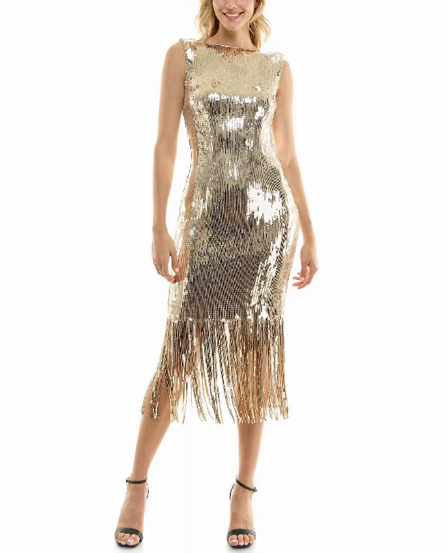 Scarlett Sequin Fringed Sheath Dress In Champagne Gold Pink Sequin Gown