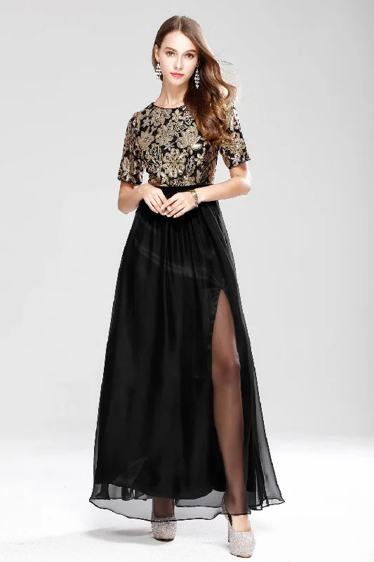 SHORT SLEEVE SEQUIN EMBROIDERY FORMAL DRESS - M/L in Clearance Silver Sequin Dress