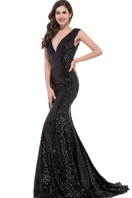 SLEEVELESS DEEP V-NECK SEQUIN FISHTAIL FORMAL DRESS Sequin Evening Dress