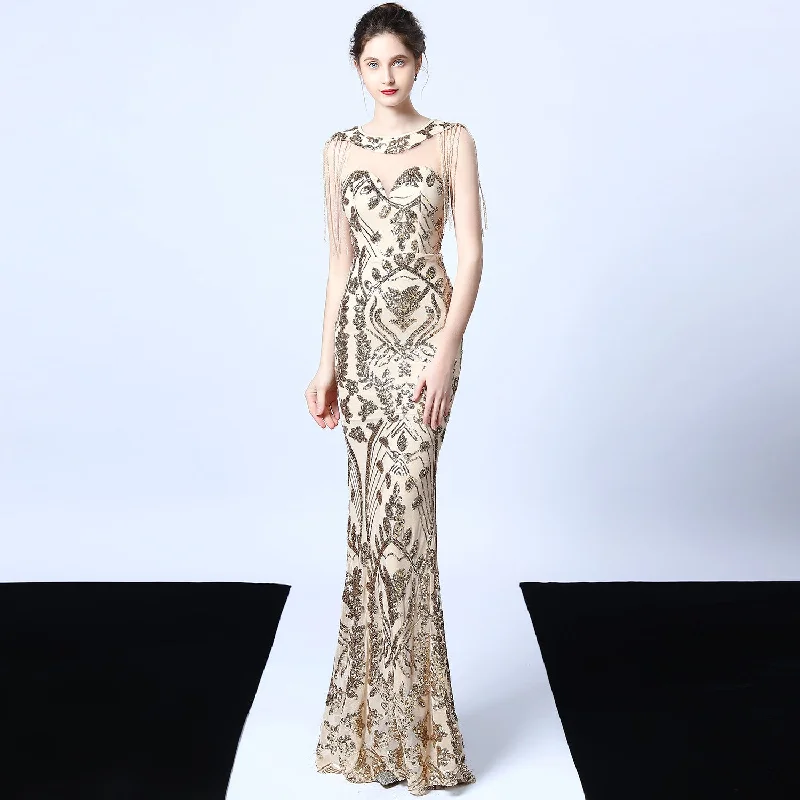 Tassel Sleeve Sequin Long Mermaid Dress Strapless Sequin Dress