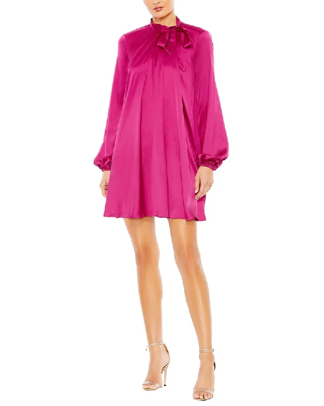 Mac Duggal Soft Tie High Neck Pull Sleeve Shirt Dress Long Shirt Dress