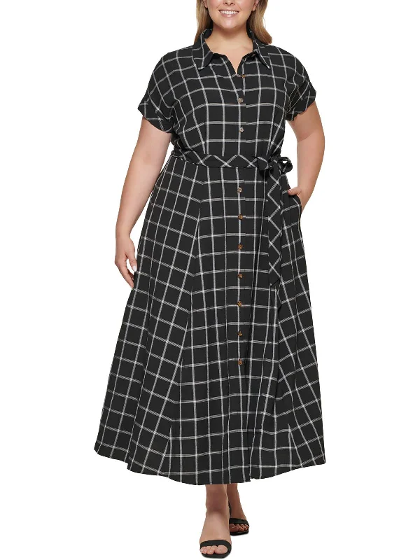 Plus Womens Window Pane Polyester Shirtdress Cute Shirt Dress