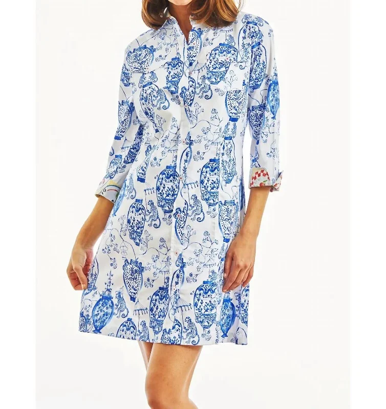 Sag Harbor Shirt Dress In White,blue Short Sleeve Shirt Dress