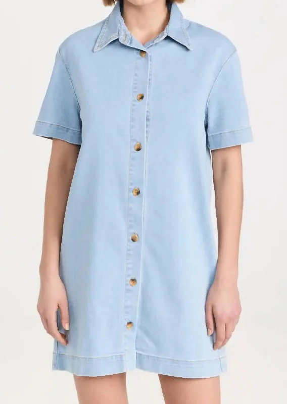 Soft Denim Shirt Dess In Washed Blue Printed Button Shirt