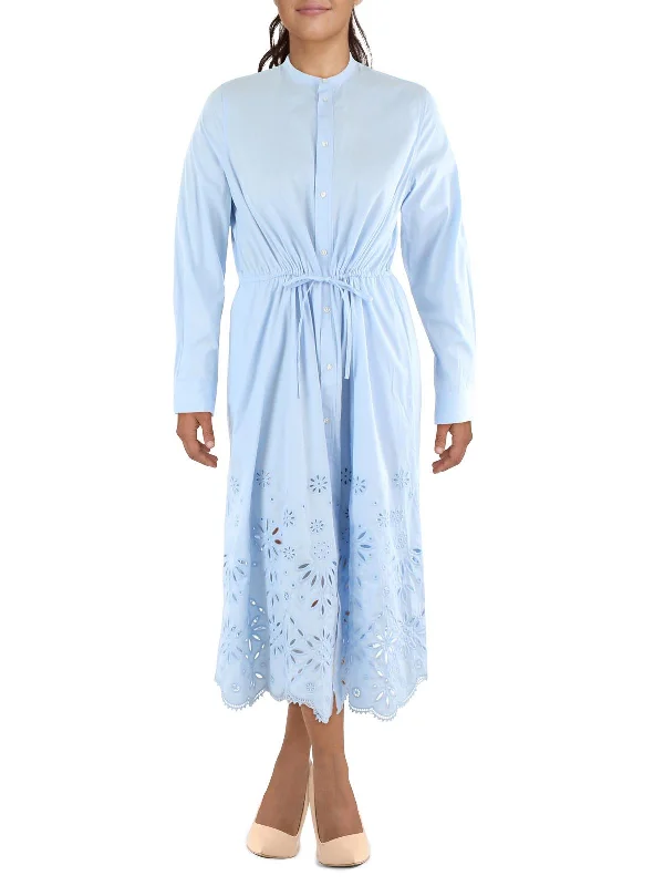 Womens Eyelet Long Shirtdress Pleated Shirt Gown