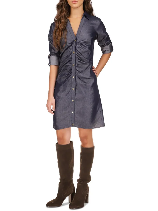 Womens Ruched Cotton Shirtdress Button-down Shirt Dress