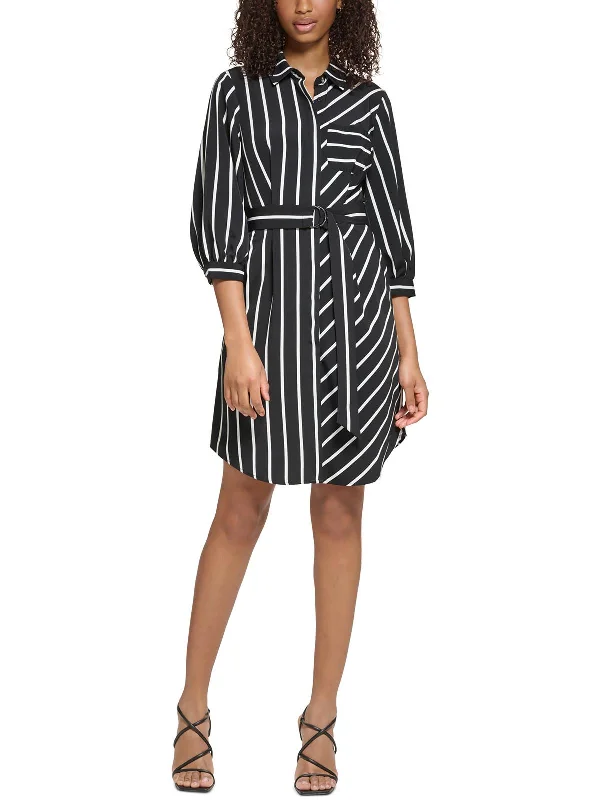 Womens Striped Polyester Shirtdress Pleated Shirt Dress