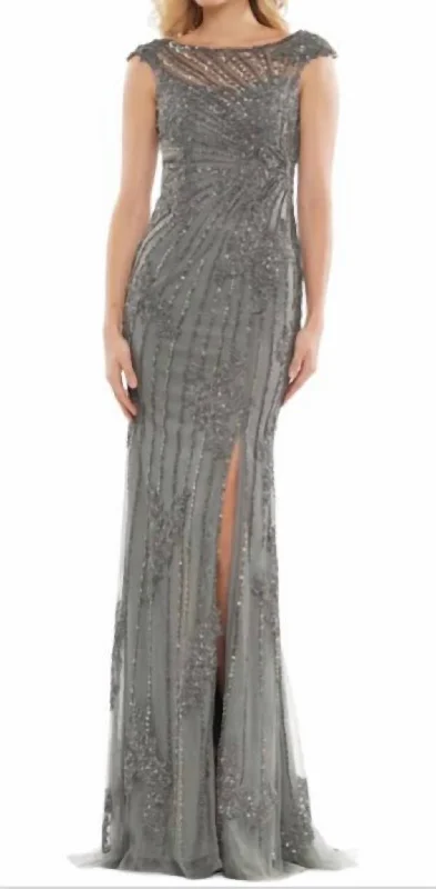 Beaded Lace Tulle Gown In Grey Tulle Skirt Dress