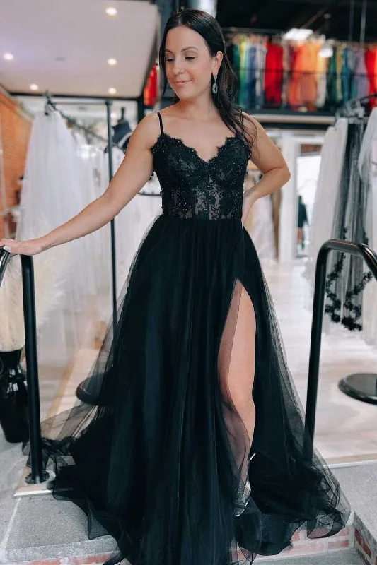 Black Tulle Lace Lace-Up Back A-Line Prom Dress with Slit Tulle Dress Fit