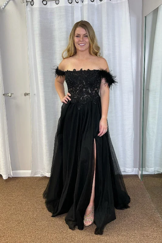 Black Tulle Off-Shoulder Applique Slit Long Prom Dress Tulle Dress Set