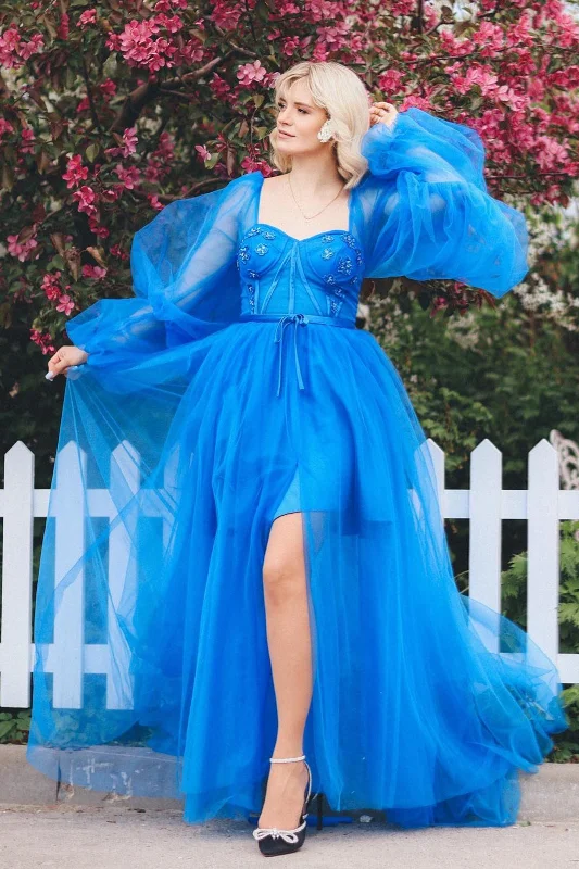 Blue Beaded Illusion Sleeves Tulle Long Prom Dress with Slit Tulle Dress Perfect