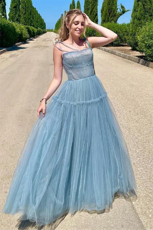 Dusty Blue Tulle Bow Tie Shoulder Ruffle Long Prom Dress Bohemian Tulle Dress